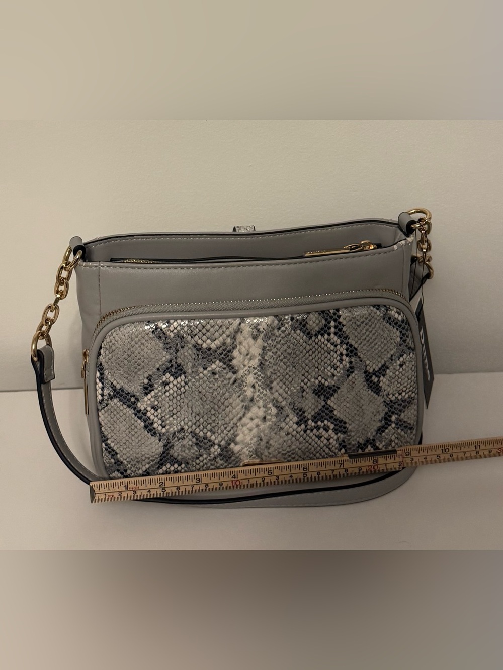 Dune Gray Snake-Print Crossbody Bag with Gold Chain Accents - Picture 6 of 16